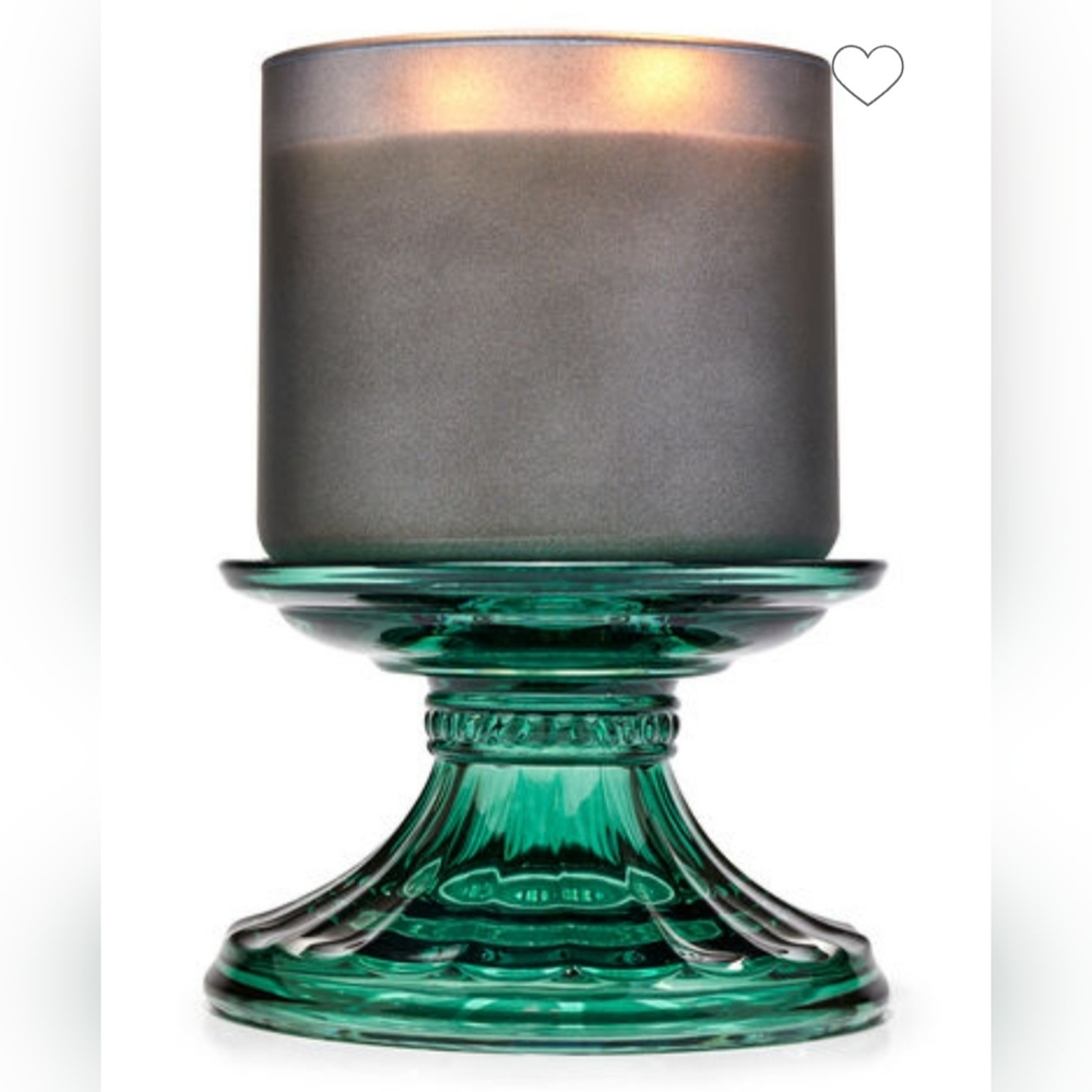 Bath & Body Works Green Glass Pedestal Candle Holder with Gray Candle